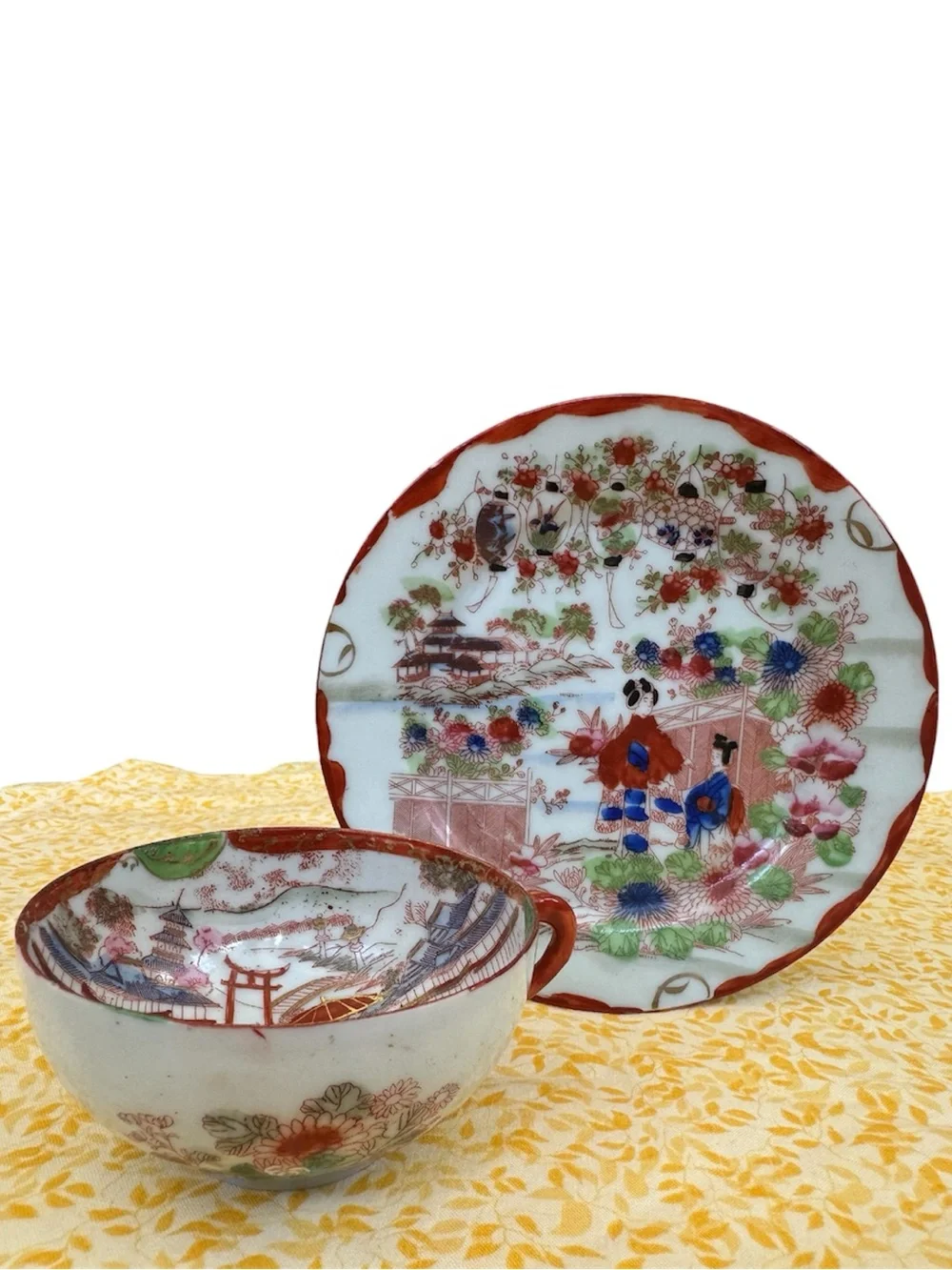 Vintage Japanese Hand Painted Teacup and Saucer Set. Geisha and Floral Landscape